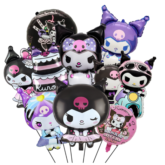 10개 산리오 쿠로미 생일 파티 풍선 장식 세트, 골로미 만화 캐릭터 호일 풍선, 골로미 테마 생일 파티 장식