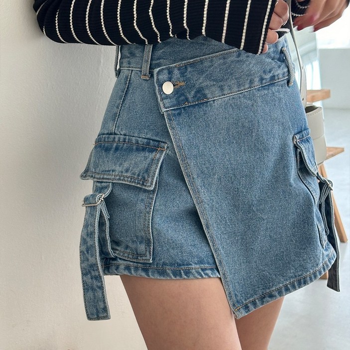 떳다그녀 하이추 카고 랩 데님 치마바지