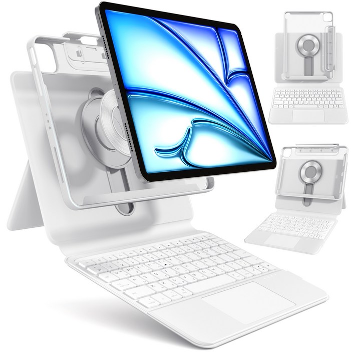 AITEWO 아이패드 매직키보드 케이스 펜슬 수납 360도회전 일체형 맥세이프 세로 가로 트랙패드 에어7/6/5/4/3/2/1세대 프로 11/10.9/13/12.9인치, 화이트, 아이패드 프로 7세대 M4 13인치, 1개
