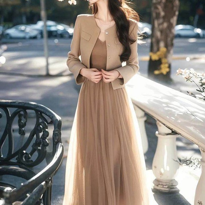 FANSYLI 여성 투피스 세트 고급 결혼식 하객룩 숏 자켓 +롱 원피스 세트 면접룩 오피스룩 X2603M19