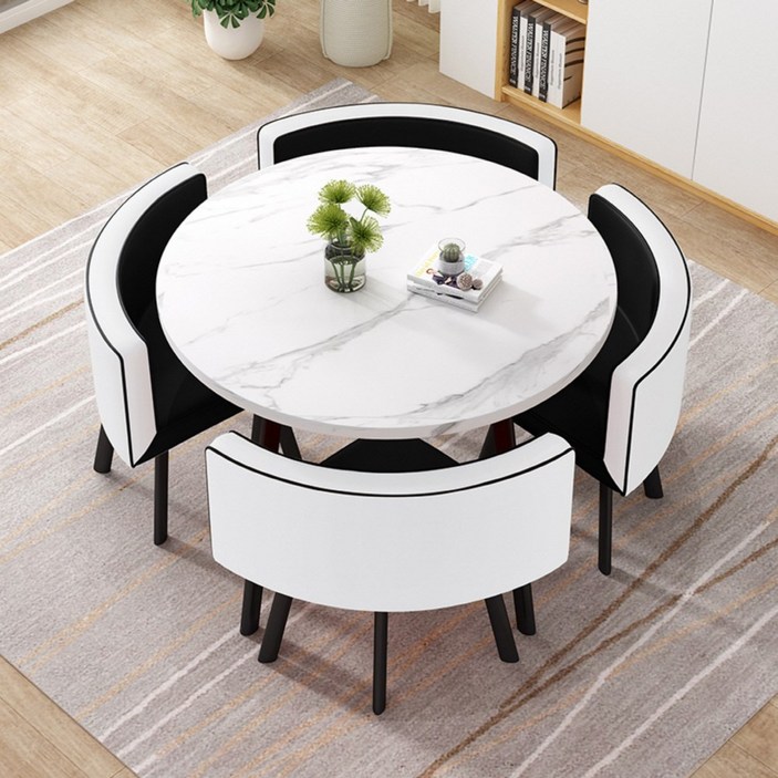 MEETON 감성 인테리어 4인용 티 테이블 세트 원목 의자포함 식탁 원형 카페 둥근모서리, 원형-마블화이트/체어-화이트블랙, 4인용
