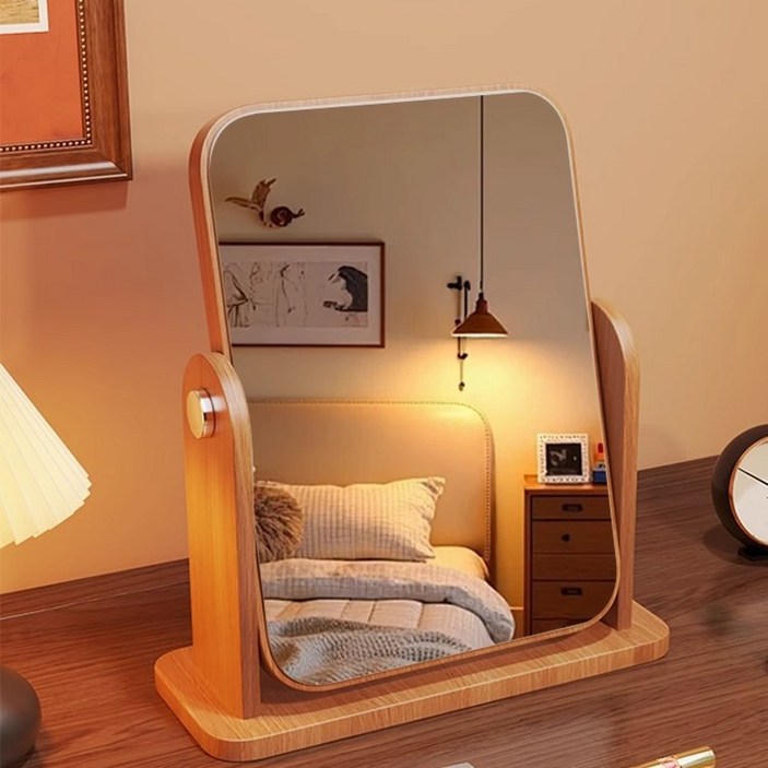 PETTOO 가정용 탁상 회전 거울 원목 화장 거울, 목색