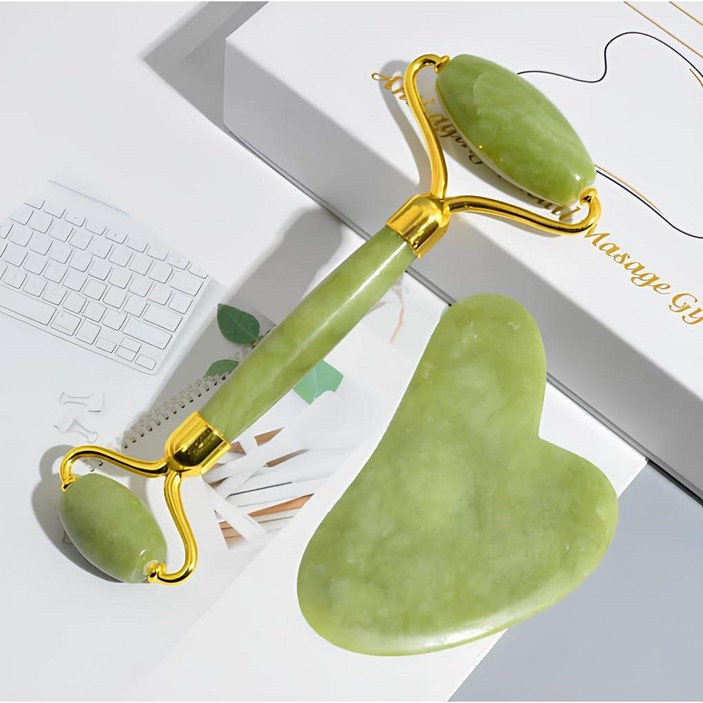 천연옥 괄사롤러 옥 괄사마사지기 2종세트 볼살 턱살 팔자주름 얼굴 붓기 없애는법 경락 마사지기 도구, 녹색, 1세트