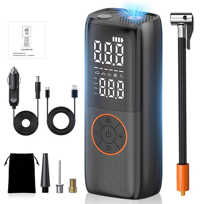CCAGU 타이어 공기압 주입기 무선 22L/M 초고속 주입속도 6000mAh 대용량배터리 휴대용 에어펌프, 블랙, 1세트