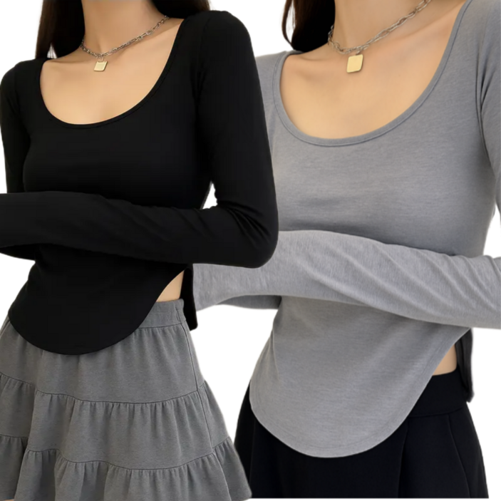 쁘띠엘라 글램핏 크롭 티셔츠 옆트임 스판 긴팔티 1+1