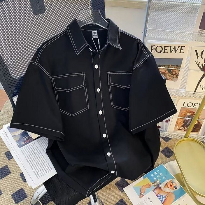 로르카 남성 카라넥 버튼 포켓 스티치 루즈핏 캐주얼 트렌디 반팔 셔츠 K0031303