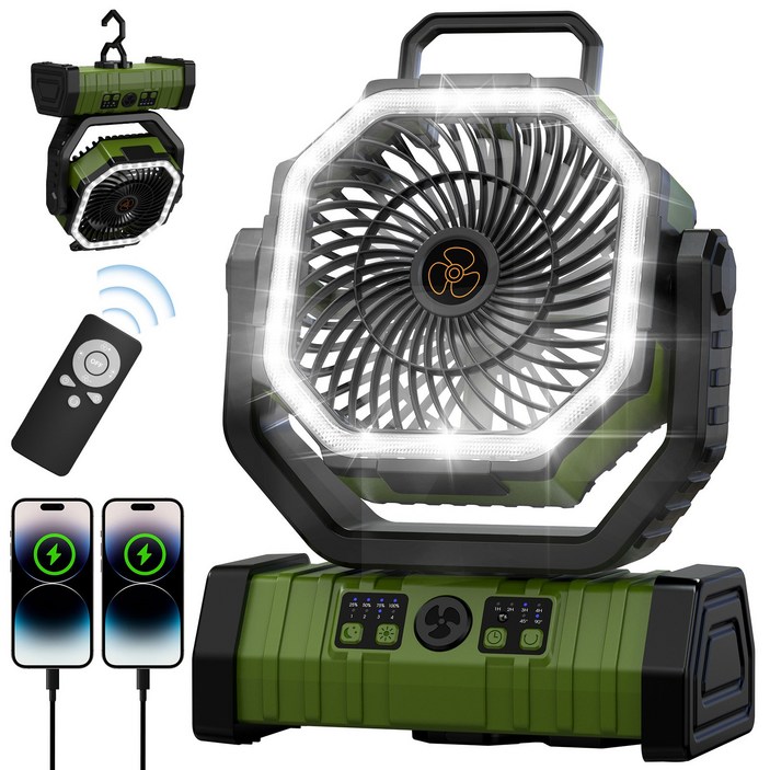 신맥스 F6 야외 캠핑용 무선 피크닉 선풍기 충전식 휴대용 20000mAh 초대용량 배터리 4단계 풍량 LED조명 무소음 탁상용 각도조절 차량용 자연재해 용품 행거식 에너지 절약, 그린