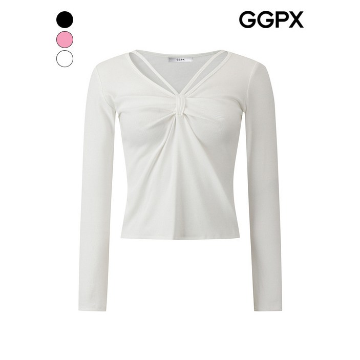 GGPX 트임 V넥 리본 셔링 슬림 티셔츠 (GQ2TS015F)