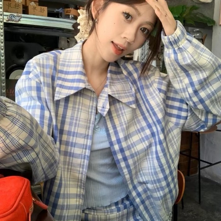 COSYEVNO 여성 자켓 봄 가을 빅사이즈 체크 루즈핏 빈티지 긴팔 상의 CXJjk-23