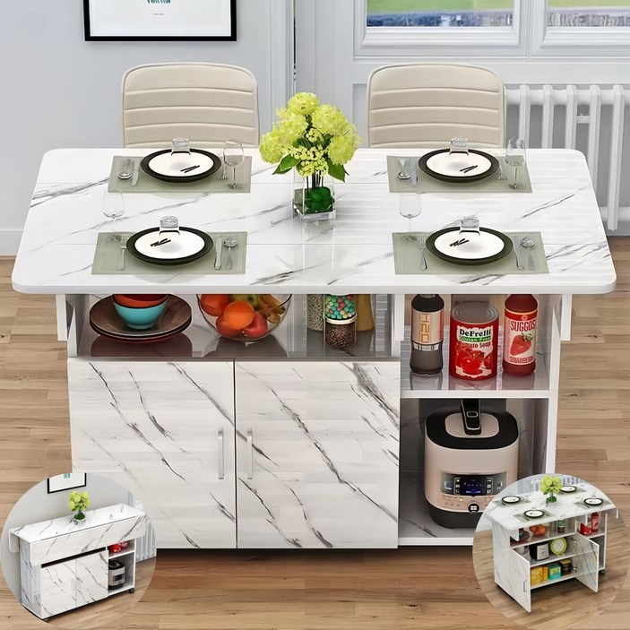YAPOGI 가족 다인용 다용도 확장형 수납 가능 대리석 무늬 우드 식탁 인조 도자리 식탁 수동 설치 가능 접이식 식탁, 6인용, 흰색