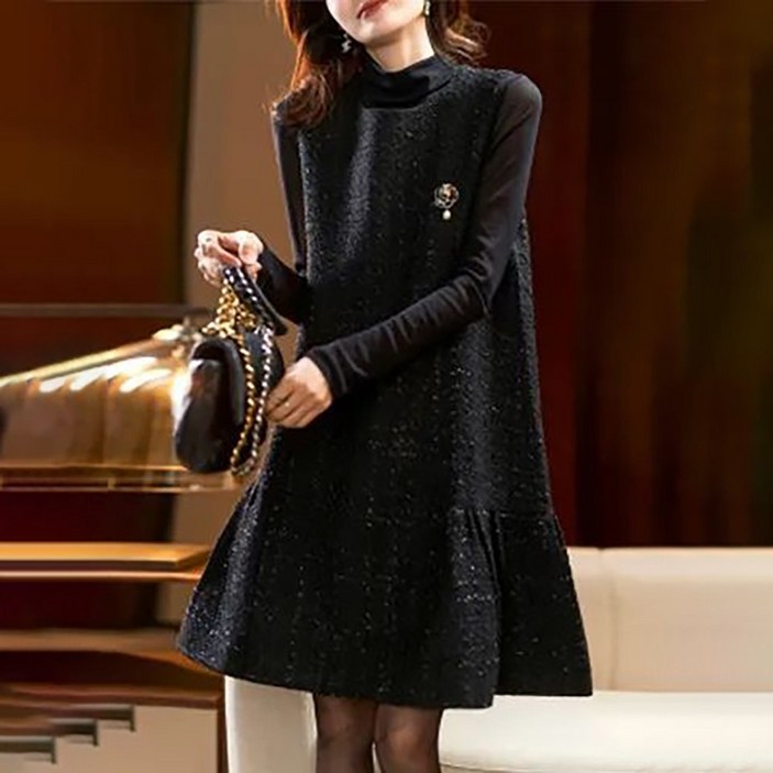 ROYALBELLE 여성 트위드 무소매 베스트 미니원피스 패션 루즈핏 데일리룩 베이직 라운드넥 조끼 원피스 D0012202