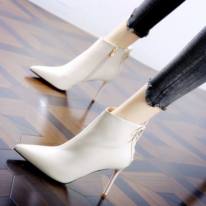 Angel 여성 추동 스틸레토 스트랩 리본 숏 부츠 9cm