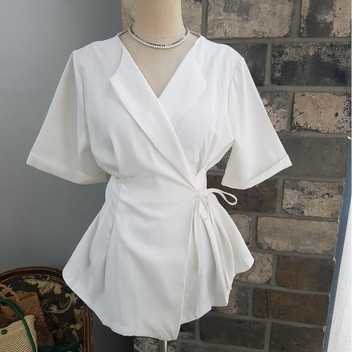 상상그이상 여성용 랩자켓 블라우스 오픈카라 반팔 자켓형 셔링 핀턱 A라인 스트랩 페미닌룩 오피스 하객룩