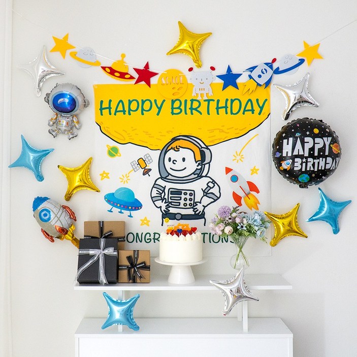 GAM 스페이스 우주소년 생일파티용품 세트 생일현수막 가랜드 호일풍선 전부 다 드리는 구성, 우주소년 생일파티