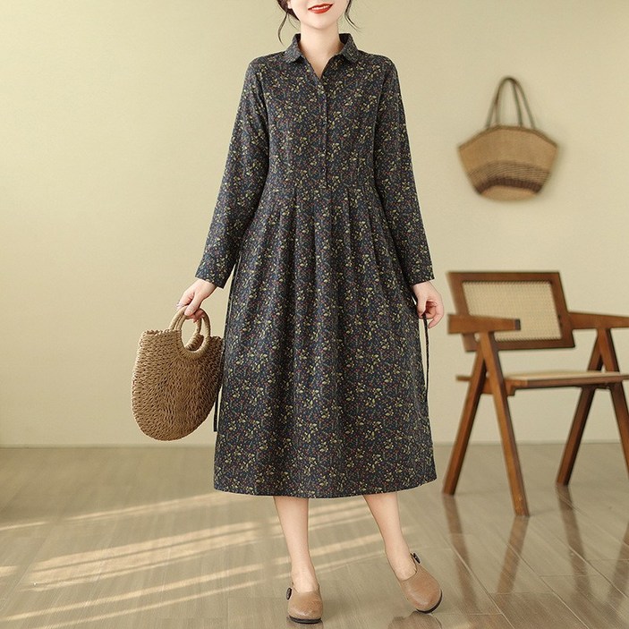 삼제태전 여성용 봄가을 중장형 긴팔 루즈핏 카라 원피스