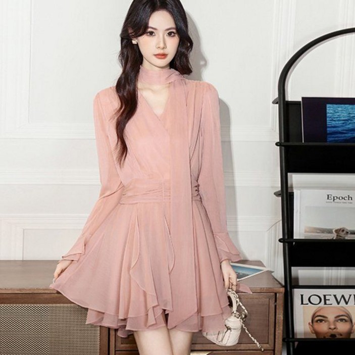 여성 브이넥 쉬폰 미니 원피스 여성 프렌치 소프트 스타일 러플 긴팔 쉬폰 드레스 소녀 감성 원피스 LT