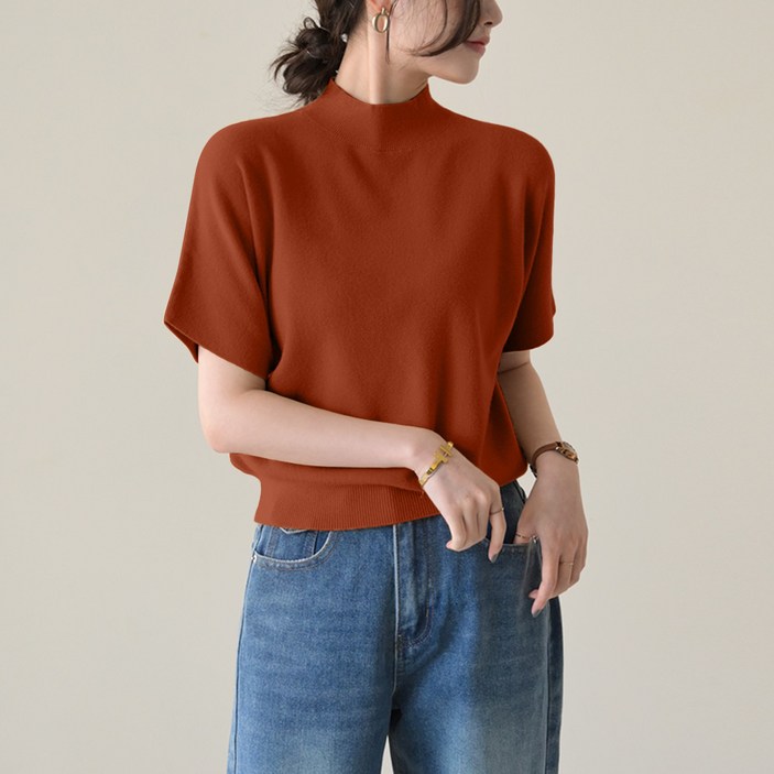 데일리앤 딜라잇 하이넥 기본 베이직 여성 반팔 니트 티셔츠 가을 간절기 무지 반목 이너 니트티