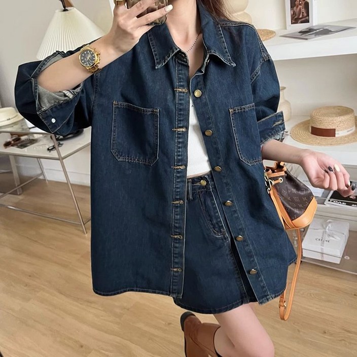 COSYEVNO 청스커트 세트 미디 남방 코트+미니치마 캐주얼 패션 여성 봄 데님 투피스