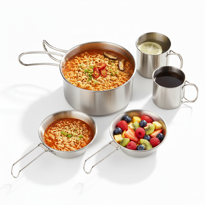 LUMANOKI 필요한것만 챙기는 1-2인용 스텐 냄비1P 시에라컵2P 캠핑컵 2P 캠핑 5P세트 보관파우치증정 코펠세트, 5종 세트 캠핑 식기 세트, 5개