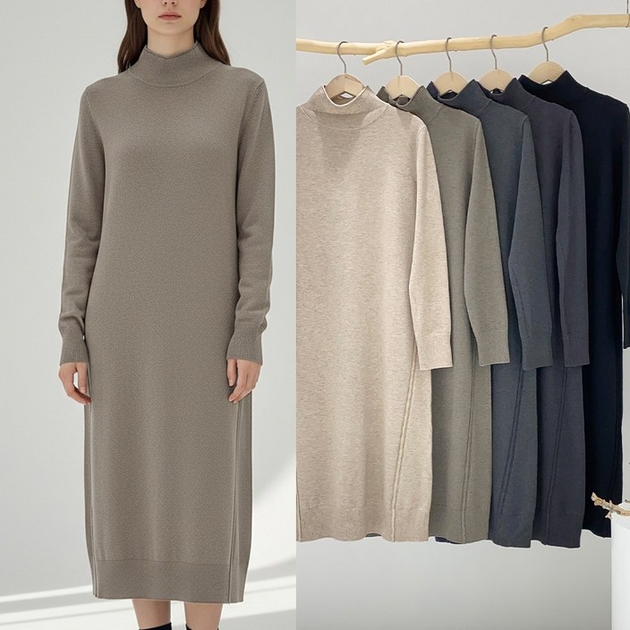 니트코어 여성 겨울 도톰 따뜻한 빅사이즈 루즈핏 여유 데일리 반목 터틀넥 하이넥 라인 니트 원피스 임산부원피스 임부복 등하원룩