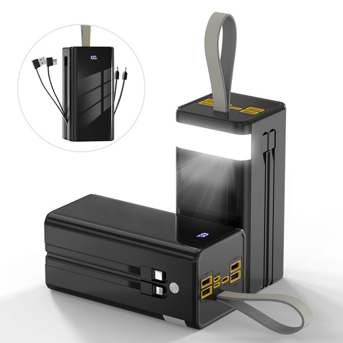 대용량 보조배터리 50000mAh 고속충전 PDQC3.0 일체형 휴대용 전원 여행용 캠핑용 파워뱅크, 블랙