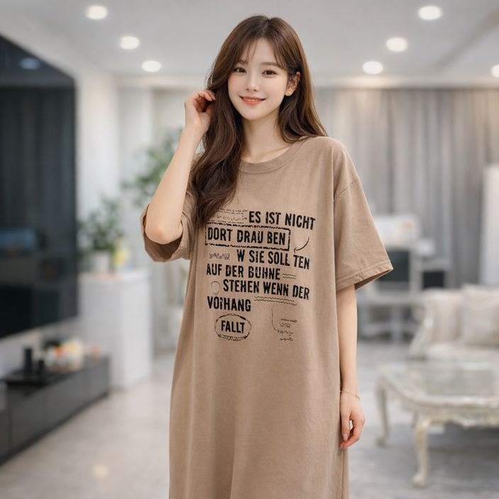 THE HONG 레터링 100%순면 루즈핏 반팔 원피스 홈웨어