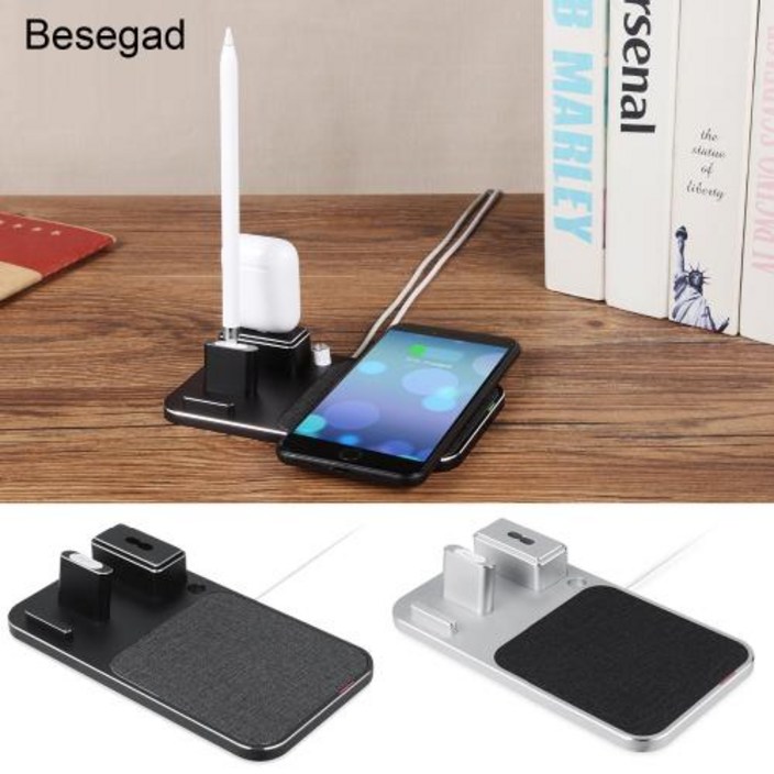 애플펜슬 호환  무선충전 아이펜슬 1세대 2세대 Besegad 4 in1 10W 고속 무선 충전기 스탠드 Apple Pencil AirPods 용 충전 도크 IPAD iPhone
