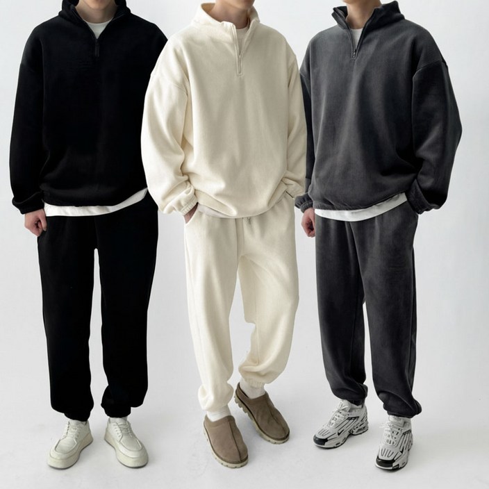 [세트가격] 빠델 프레디 남녀공용 오버핏 기모 코듀로이 골덴 후리스 반집업 조거팬츠 와이드팬츠 트레이닝 세트 셋업