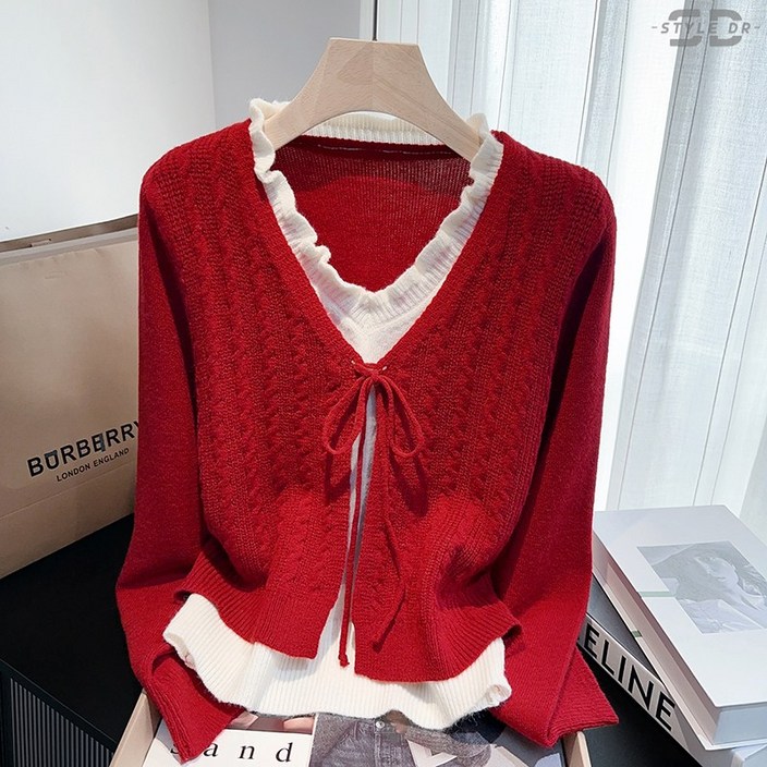 스타일닥터 여자 캐주얼 니트티 페이크 투피스 니트 카디건  루즈핏 상의