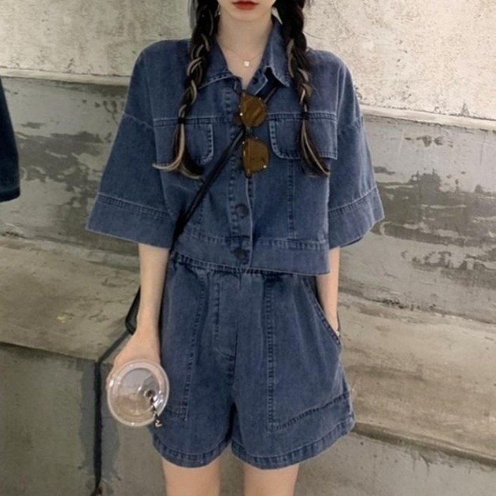 아이엠몽 여성 루즈핏 레트로 데님 투피스 세트