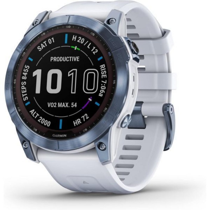 가민 페닉스 7X 사파이어 솔라 어드벤처 스마트워치 태양열 충전 기능 포함 러기드 아웃도어 GPS 워치 터치스크린 웰니스 미네랄 블루 티타늄 화이트스톤 밴드 갱신
