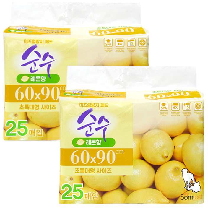 순수 넌슬립 초특대형 강아지 배변 패드 레몬향 25매, 2개 순수 넌슬립 초특대형 강아지 배변 패드 레몬향 25매, 2개