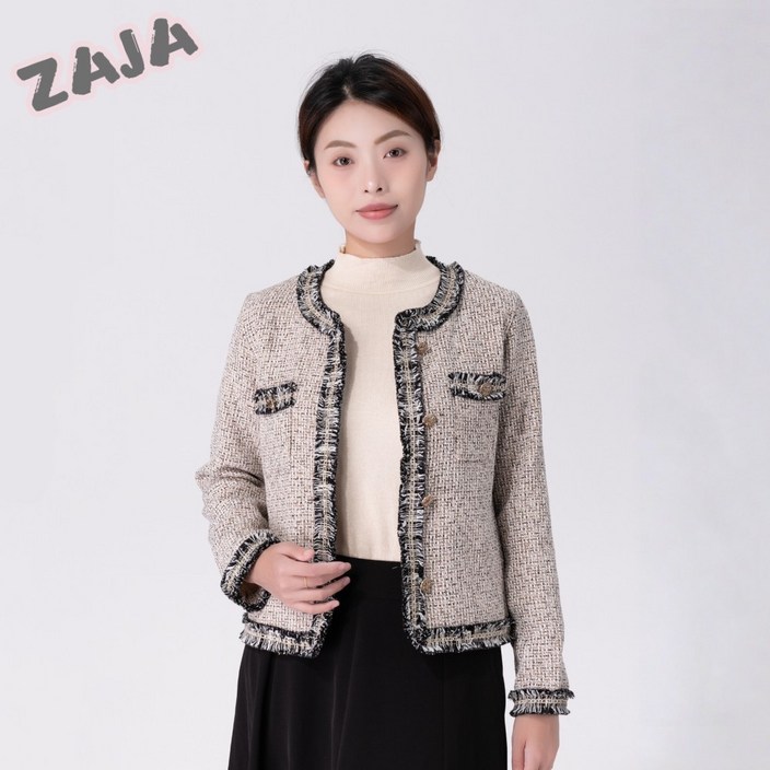 ZAJA 여성 라운드 잔체크무늬 긴팔 코트 트위드 자켓