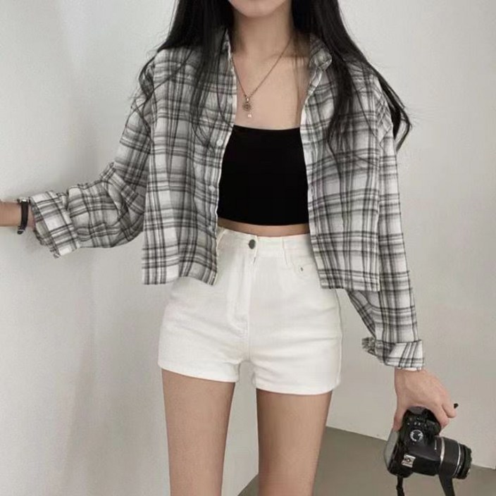 브비브비 여름신상 여성용 여름 루즈핏 크롭 체크 캐주얼 오버핏 블라우스 셔츠