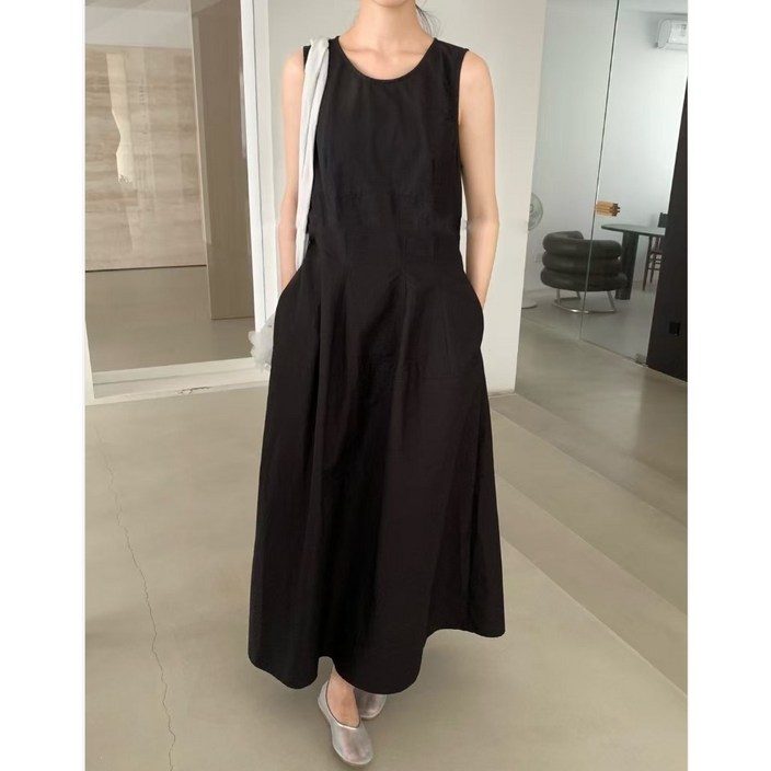 체인지쉬change she여성 프렌치 무드 솔리드 라운드넥 민소매 롱 원피스