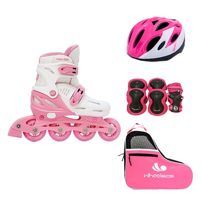 휠러스 아동용 에이스2 인라인스케이트  가방  보호대  헬멧 콤보 세트, 핑크, 1세트