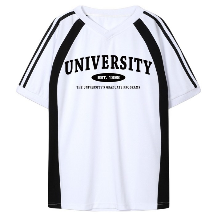 일루소 남녀공용 져지 유니버스티 투라인 오버핏 배색 브이넥 반팔 티셔츠