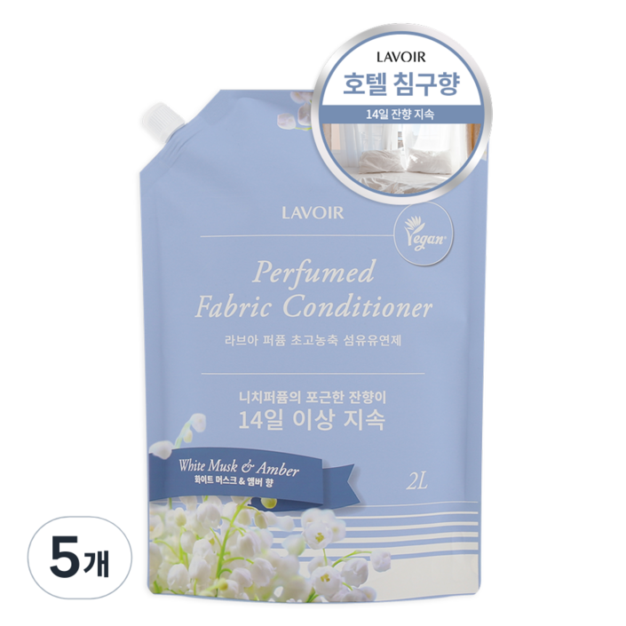 라브아 퍼퓸 섬유유연제 화이트머스크앤앰버 리필, 5개, 2L