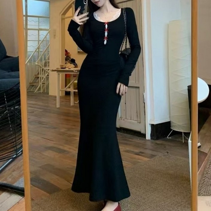 아이엠몽 여성용 슬림핏 라운드넥 레이스 이너티 H라인 긴팔 롱 원피스 투피스 세트 R6S146