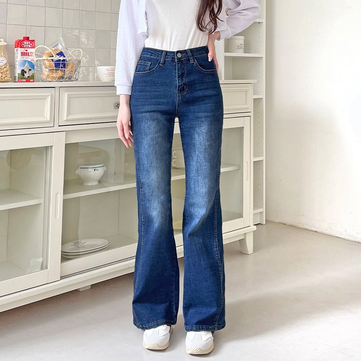 잘빠진 여성용 마술핏 사이드 절개 워싱 스판 데님 부츠컷 팬츠