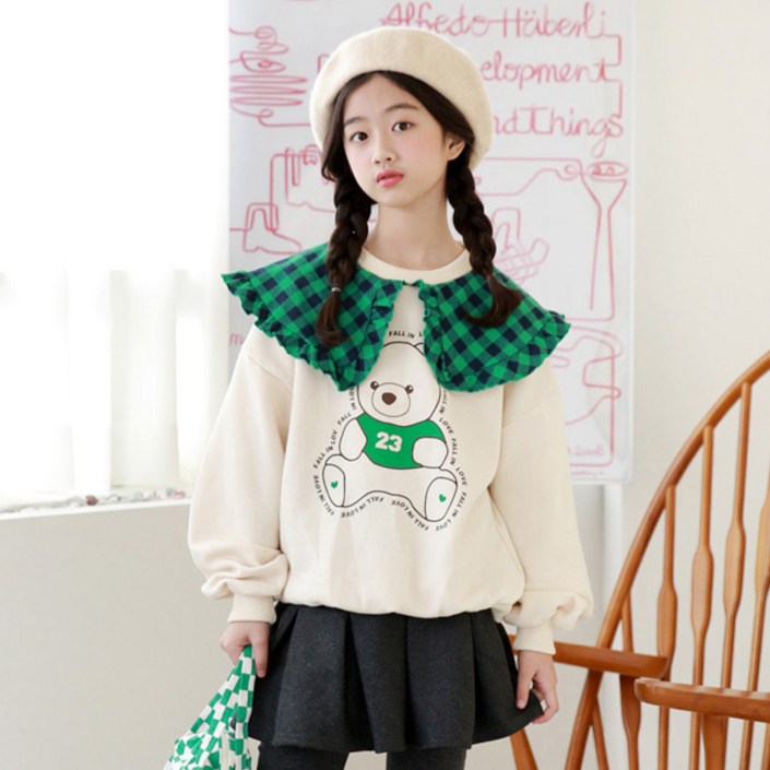 나나주니 아동용 기모안감 베어 체크 프릴 카라 티셔츠