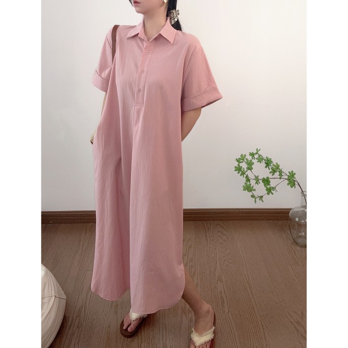 올데이마켓 40대 여성 롱 루즈핏 차분한 드레시 카라 원피스