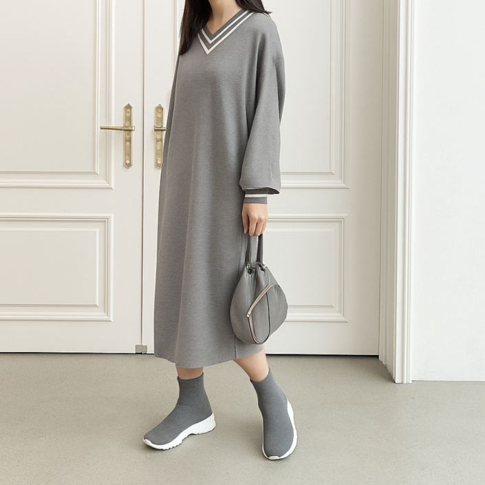 MUMUM 여성 빅사이즈 브이넥 기모 롱 원피스