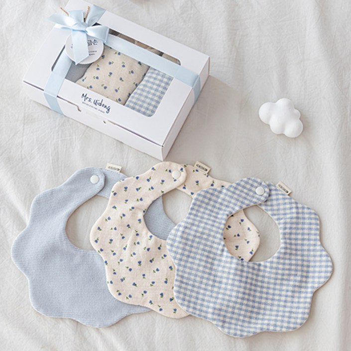 출산백일선물 미니튤립 쁘띠 턱받이3종세트 선물포장