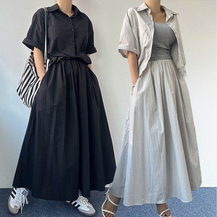 에이스토리 꾸안꾸 바스락 포켓 롤업 반팔셔츠 롱스커트 여름 투피스세트