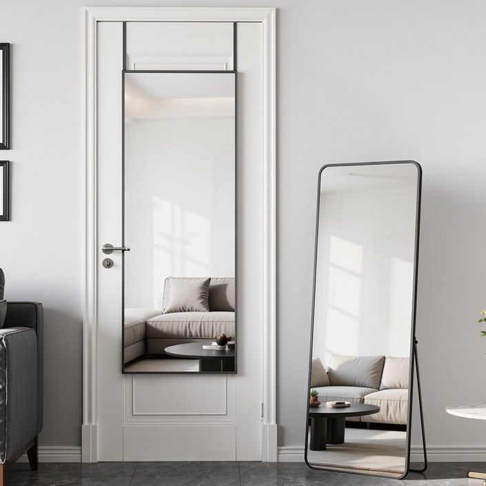 안토크 벽걸이 전신거울 스탠드 거치대 원룸 문걸이 거을 미용실용 3in 다기능 350*1200mm, 블랙-직각형