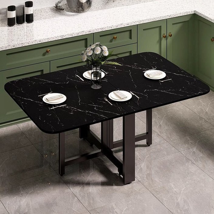 오아루 접이식 확장형 주방 식탁 테이블, 4인용, 마블 블랙블랙 프레임