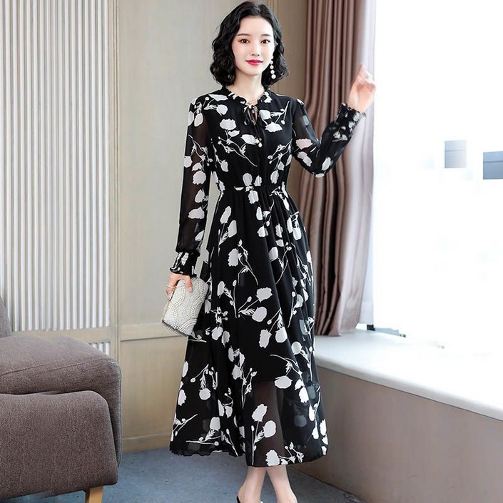 COSYEVNO 쉬폰 원피스 플라워 허리조임 빅사이즈 통근 봄 여성 긴팔 스커트