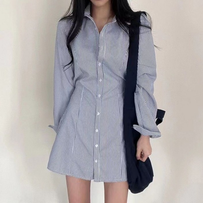 더블유 캠퍼스룩 A라인 카라 셔츠 긴팔 원피스