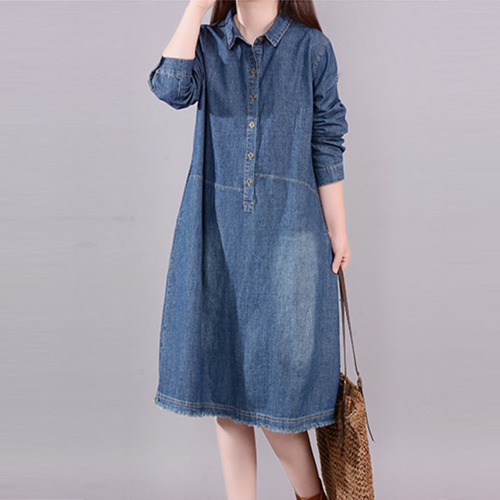 AA2518 여자 미시 봄 가을 간절기 면혼방 데님 청 카라넥 긴팔 포켓 무지 미디 롱 A라인 원피스 드레스 치마 루즈핏 빅사이즈